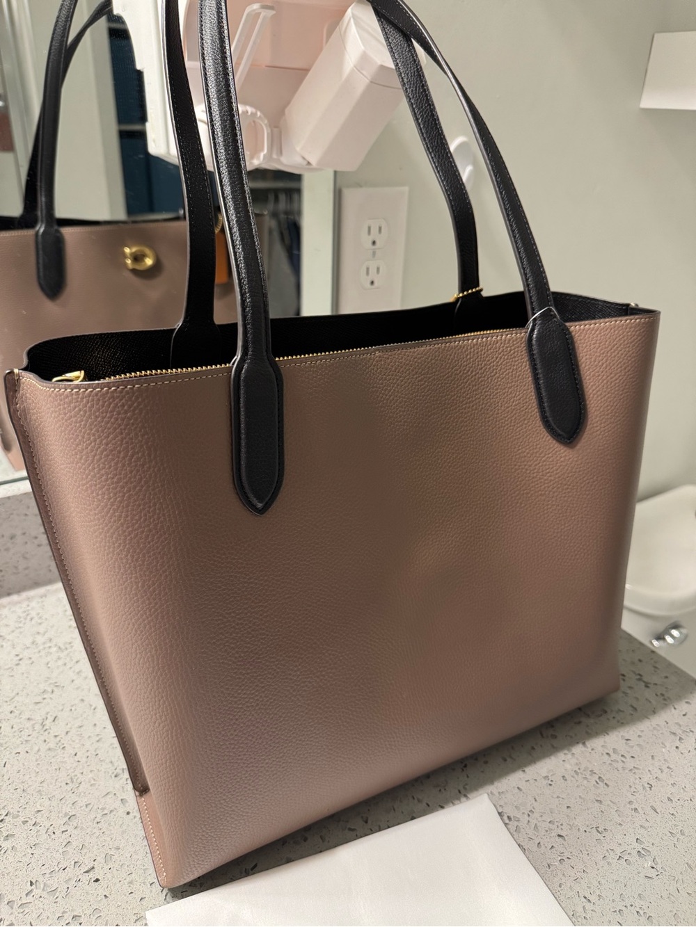 Coach Two-Tone Pebbled Leather Tote Bag in Taupe and Black - Picture 7 of 8